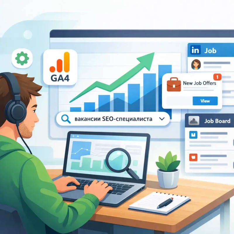 SEO specialist looking for jobs: laptop, charts and job boards